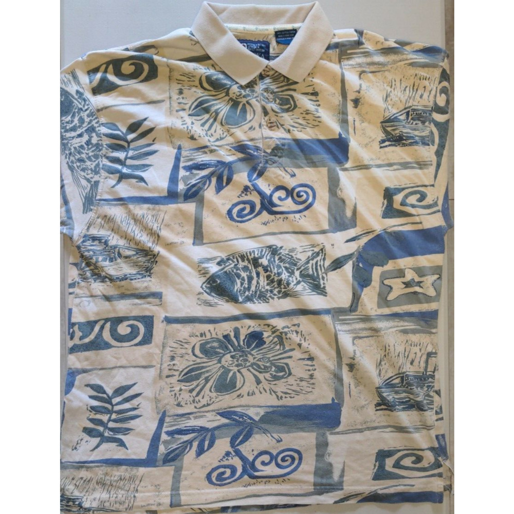Vintage 90s Muskoka Lakes Flower & Fish Polo Shirt Mens Size L Made in Hong Kong